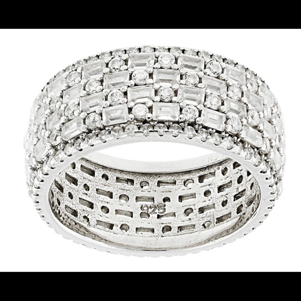 Sterling Silver CZ band style ring with baguette and round stones